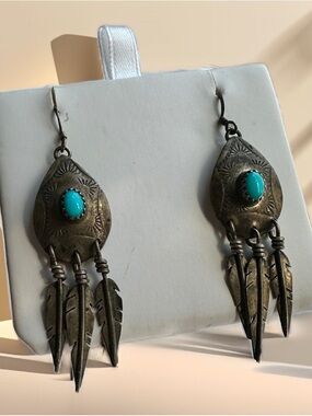Metal and Turquoise Stone Feather Dangle Earrings - Women Jewelry
